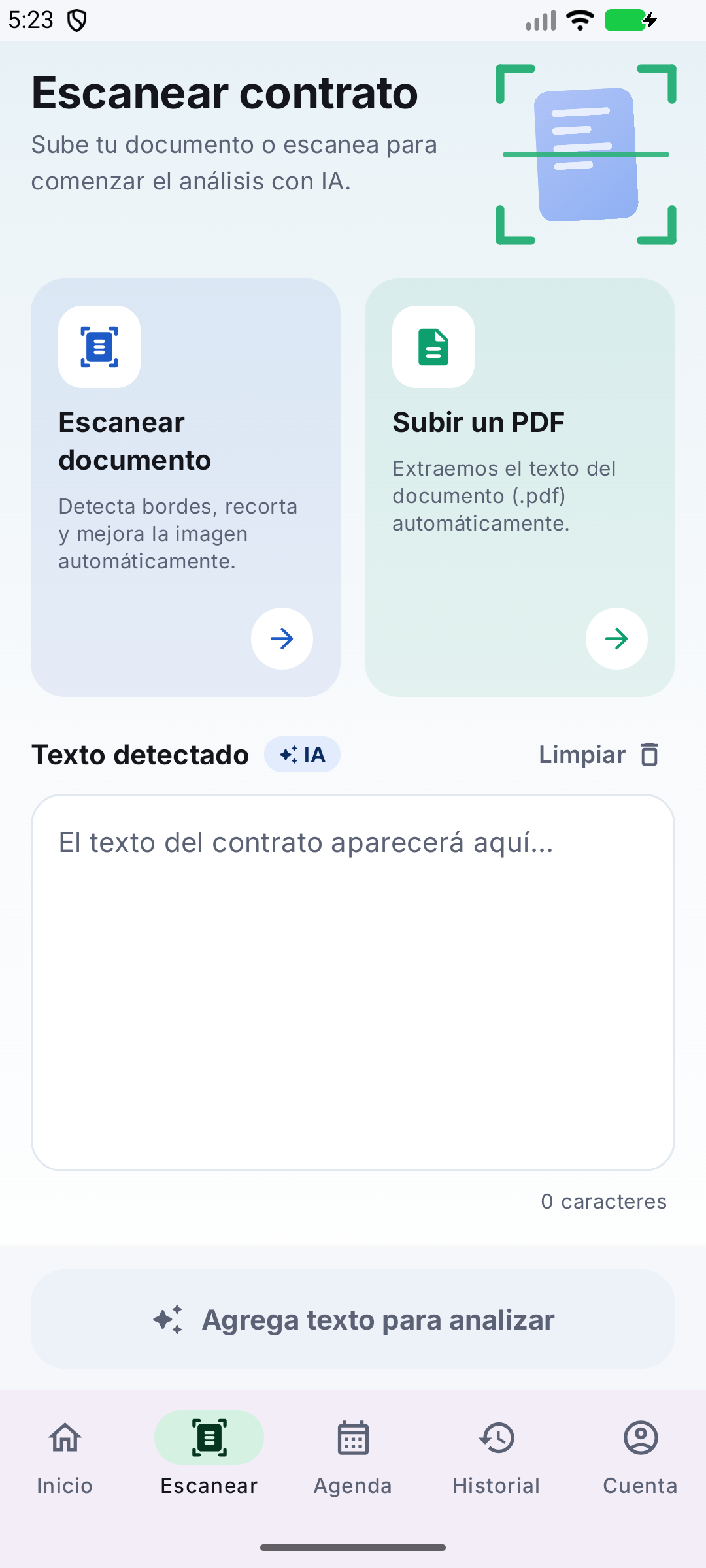 Pantalla de Contrato Claro para escanear un documento, subir un PDF o pegar texto
